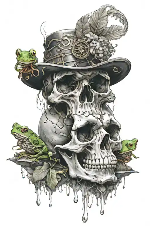 Skull With Crystals Growing On It With A Frog Smoking On The Top Of The Head