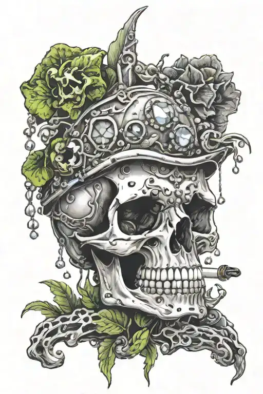 One Skull With Crystals Growing On It With A Frog Smoking On The Top Of The Head