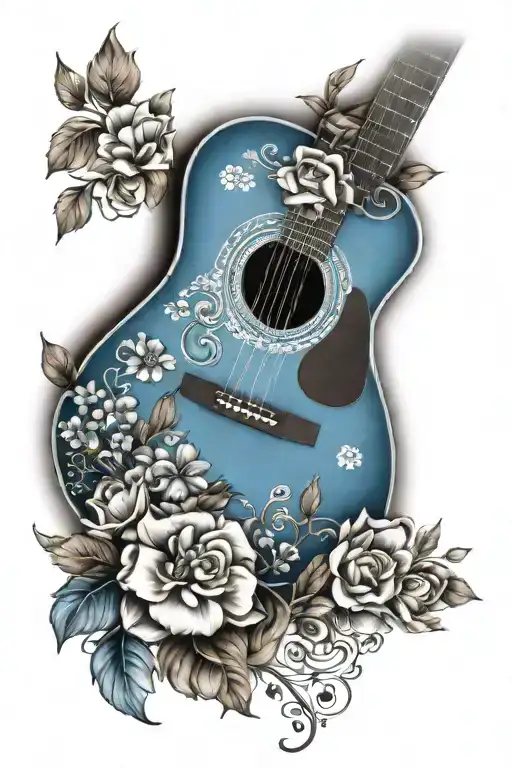 Blue Acoustic Guitar With Flowers