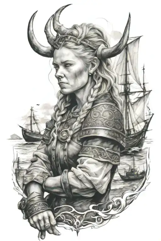 Woman Viking Whit Wapon And Ship On The Background