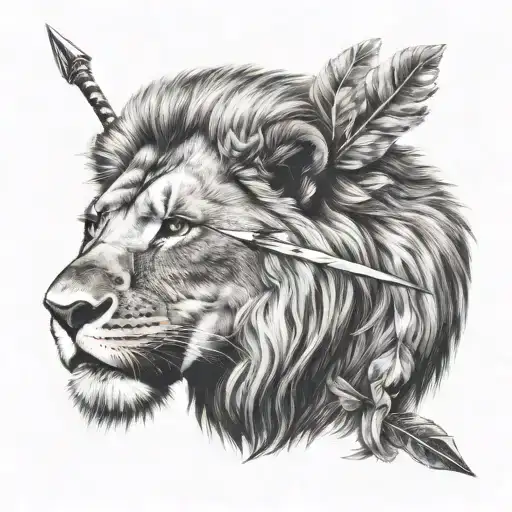 Lion With Arrow In Mouth Looking Away