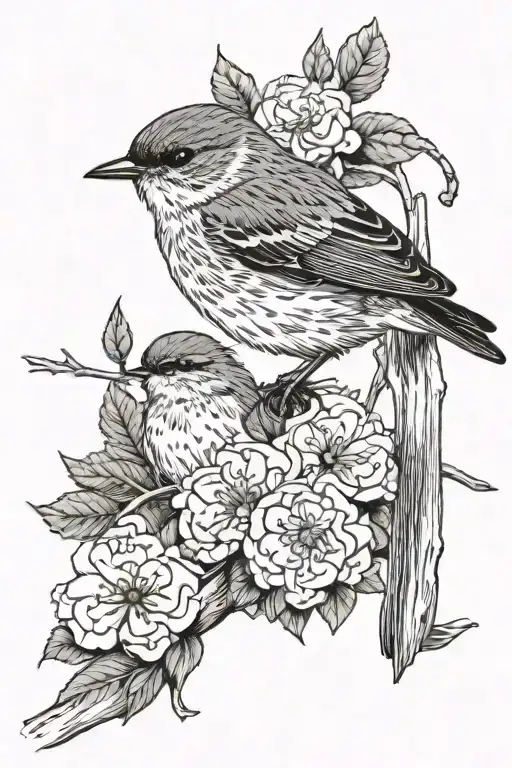 Eastern Phoebe Bird Perching On Small Branch With Thin Lined Botanicals Around It