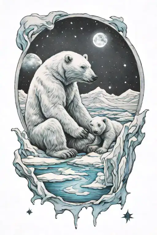 Polar Bear And Young Boy Sitting On Ice And Looking Up Into The Space And Stars