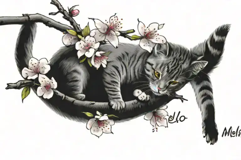 Word Mello In Between 2 Cherry Blossom Branches With A Cat Laying On The Branch