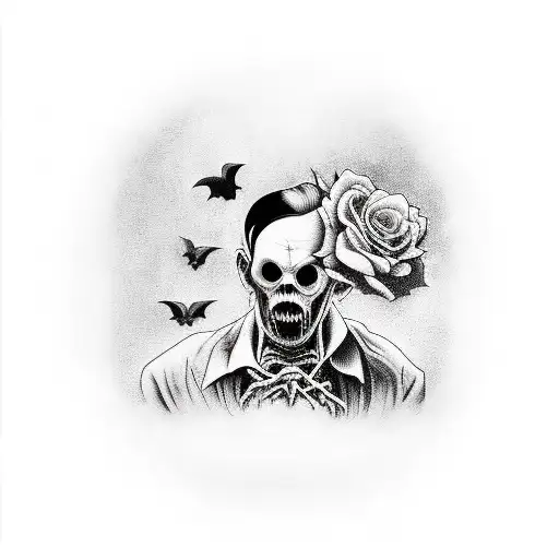 A Creepy Black And White Portrait Of A Famous Horror Movie Character Surrounded By Bats And Roses