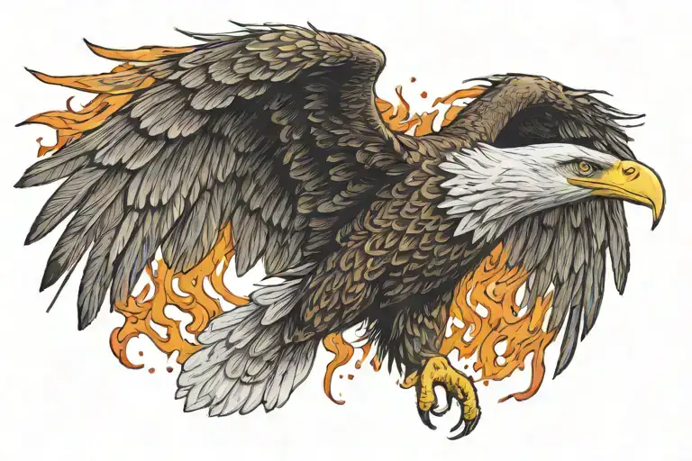 Eagle With Wings Spread Looking Forward With Flames Behind It