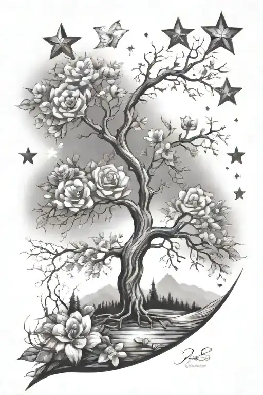 Floral Ranks Fullsleeve Stars Tree Sky