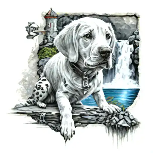 A Tatto For A Boy Who Loves Dog And Waterfall Surrounded