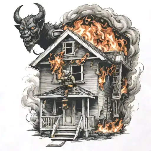 Firefighters Fighting A Fire That Has The Face Of The Devil On Top Of A Burning House