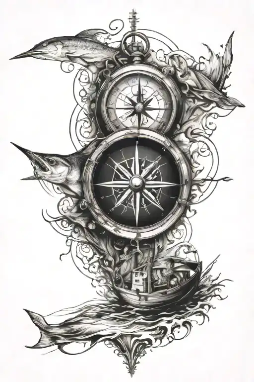 Compass Surrounded Boat Fishing Scene