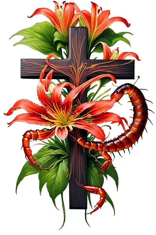 A Cross That's Being Wrapped Around By A Centipede With Red Spider Lily's Behind It