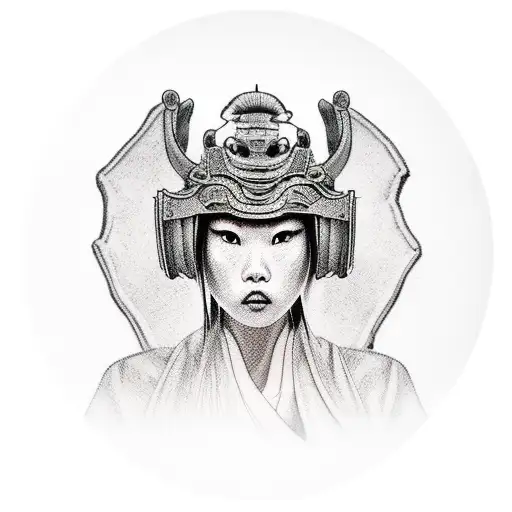 Full Body Woman With Samurai Mask On Kneeling Down In Minimal Clothing