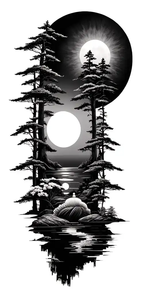 Nova Scotia Nature Landscape Combined With Buddist Symbols In Japanese Black And White Style