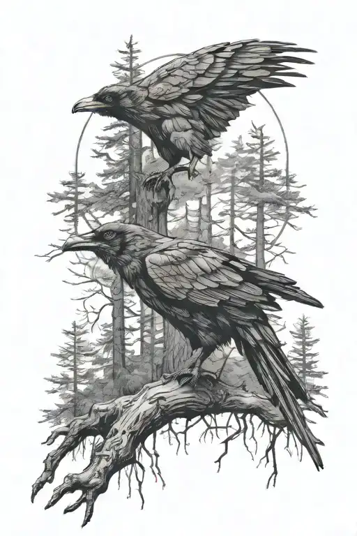 Raven And Wolf Black And White Tattoo In Woods