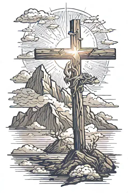 Broken Wooden Cross On Mountain Peak With Sun Shining Through Clouds Down On It At Sunrise