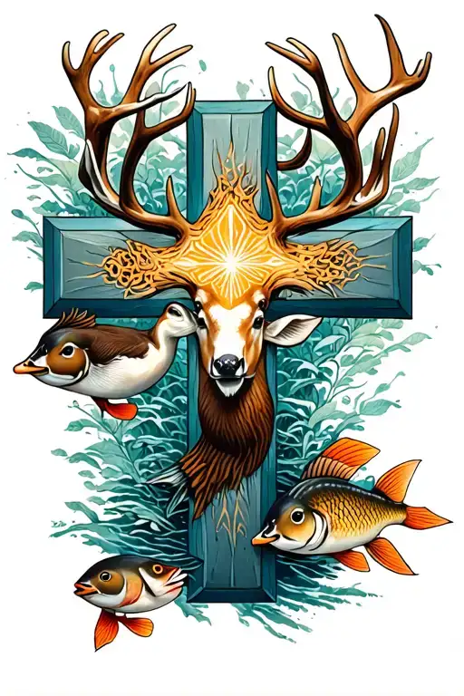 Cross Tattoo With Deer Ducks And Fish Inside The Cross