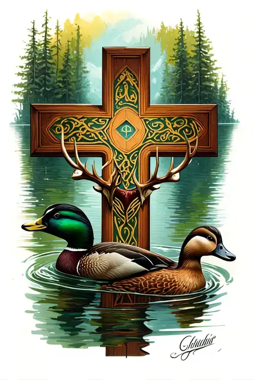 Cross Tattoo With Mallard Ducks And Deer Inside The Cross