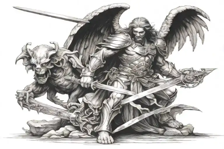 Arch Angel With Sword Stabbing Demon