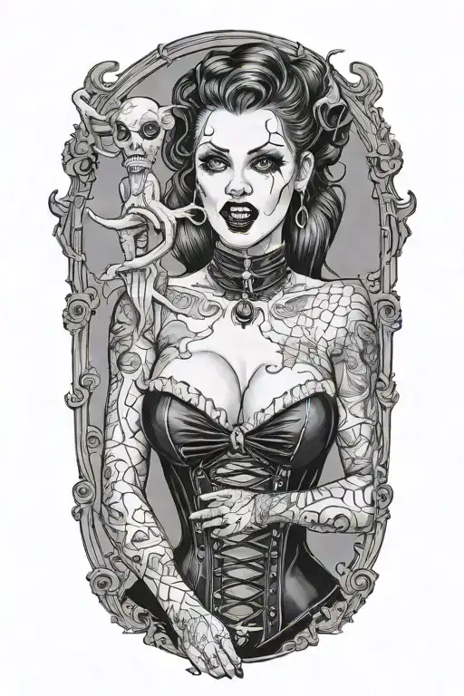 Male Vampire Bitting Gothic Pinup Girl Whom Is Wearing A Corset And Fishnet Leggings