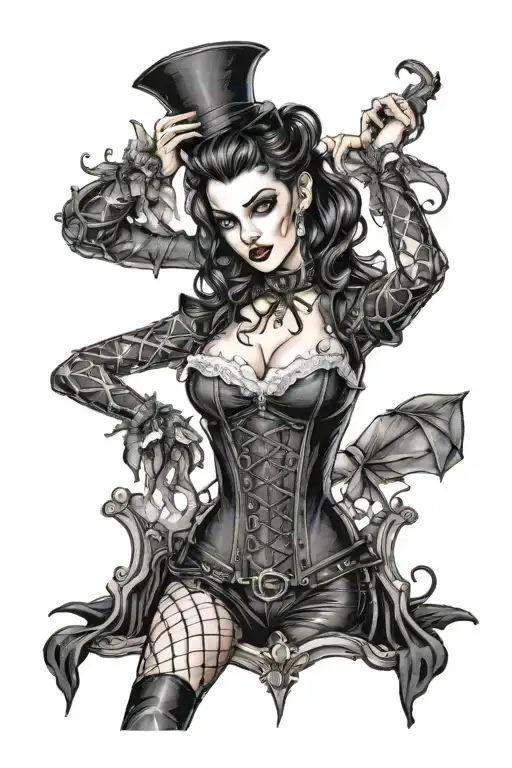 Male Vampire Bitting Gothic Pinup Girl Whom Is Wearing A Corset And Fishnet Leggings