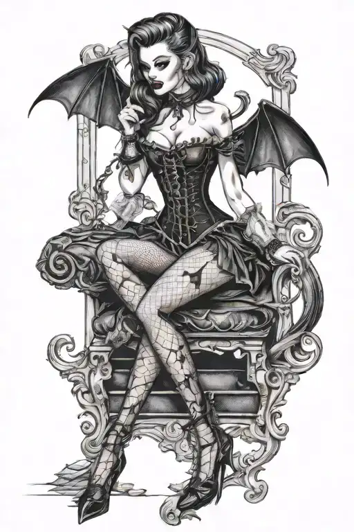 Male Vampire Bitting Gothic Pinup Girl Whom Is Wearing A Corset And Fishnet Leggings