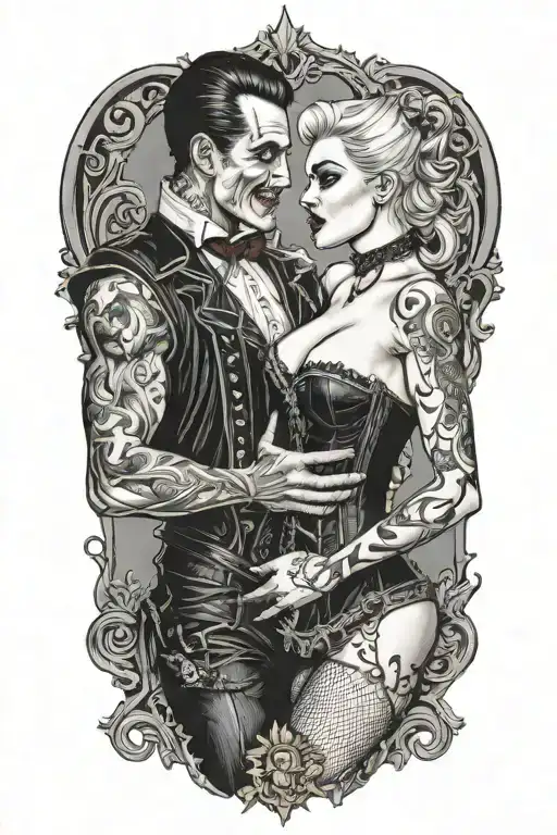 Realistic Scene Of A Gothic Pinup Girl In A Corset And Fishnets Being Bitten By A Male Vampire