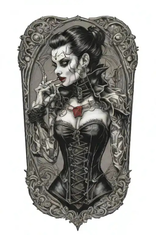 Male Vampire Bitting Neck Of Gothic Pinup Girl Wearing Corset And Fishnets