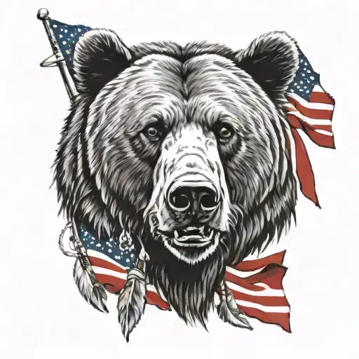 Bear Head And Native American Flag