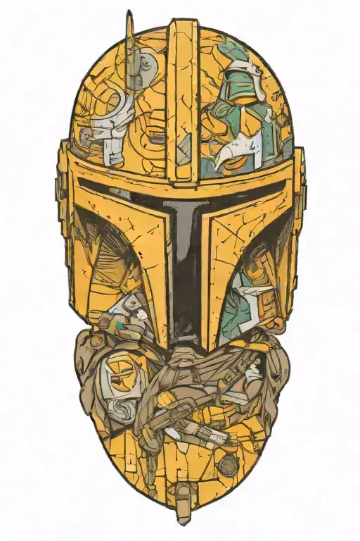 Mandalorian Helmet Made Up Of Images Of Jedi Fighting Each Other