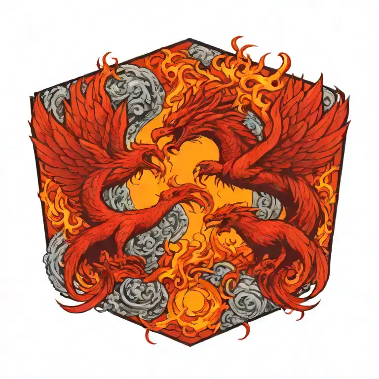 Dragon And Phoenix Flying On Both Sides Of A Burning Sun