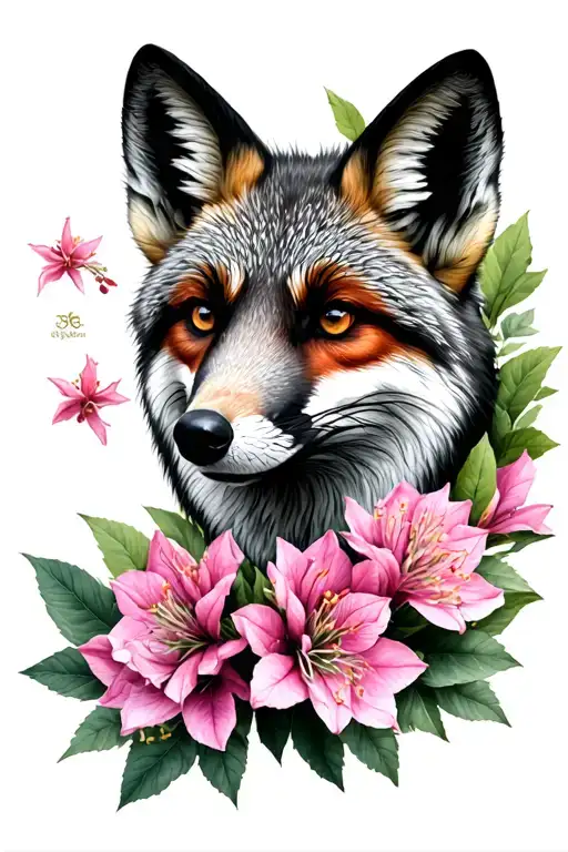 Black And Grey Realism Fox Head Surrounded By Rhododendron