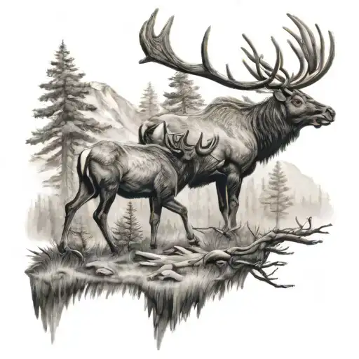 Elk And Moose Battle In Nature Scene