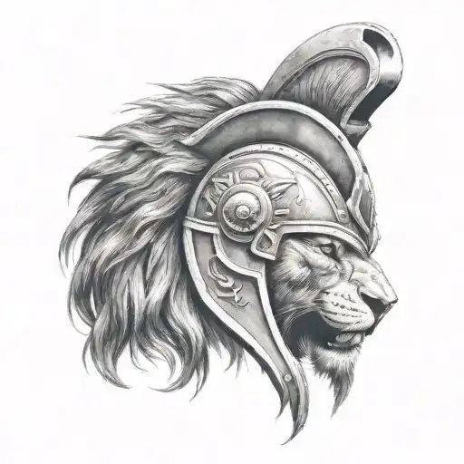 A Lion Wearing A Spartan Helmet In A Fierce Battle Scene