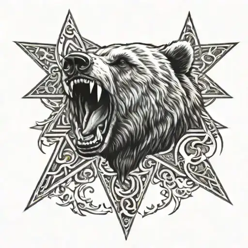 The Head Of A Growling Bear And The Star Of Rus' Rune Tattoo On The Chest