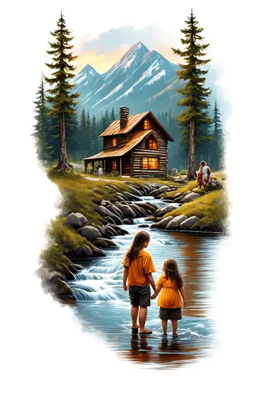 Cabin In The Mountains With A Stream With Family Father Daughter Daughter Son Mother