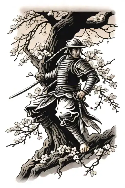 Cherry Blossom Tree With Samurai Warrior