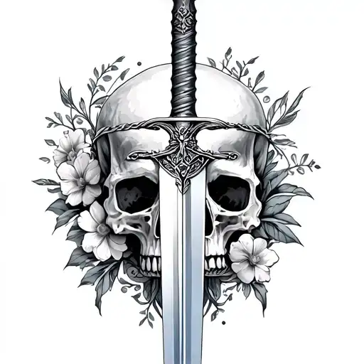 Intricate Half Sleeve With A Sword In A Skull Surrounded By Flowers