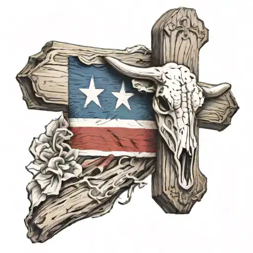 Wooden Cross With Texas Flag Waving Behind It And Cow Skull At The Bottom Of The Cross