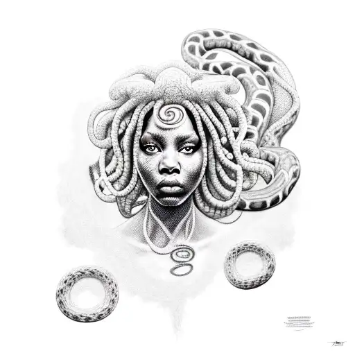 African American Medusa With Intricate Dreadlocks And A Snake Wrapped Around Her
