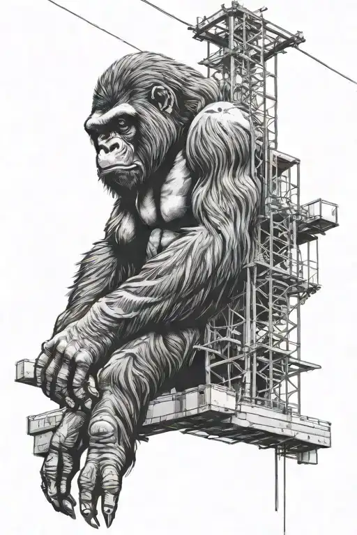 Angry Gorilla Hanging From Tall Cell Tower With A Wrech In His Hand