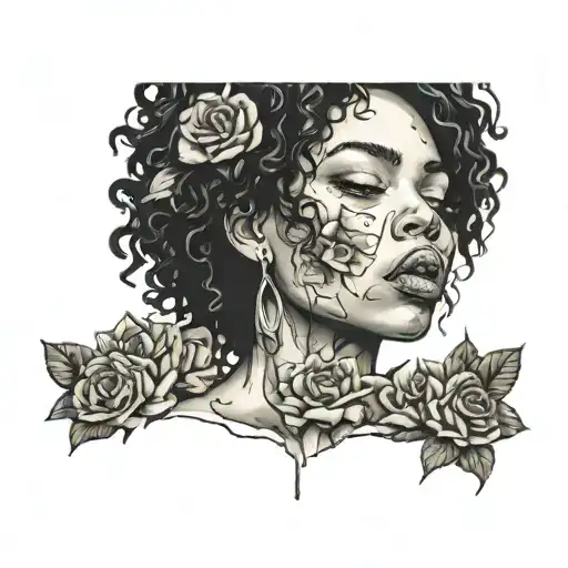 A Black Women Curly Hair Crying Shattered Face With Flowers In Between