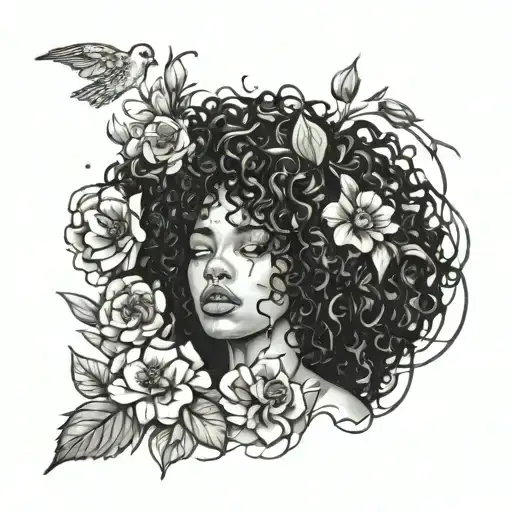 A Black Women Curly Hair Crying Shattered Face With Flowers In Between