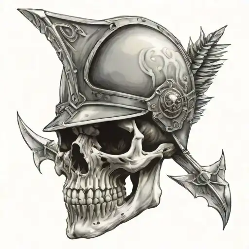 Skull Of A Knight In A Helmet Pierced By An Arrow