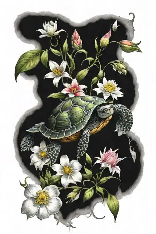 Turtle Surrounded By Flowers Growing