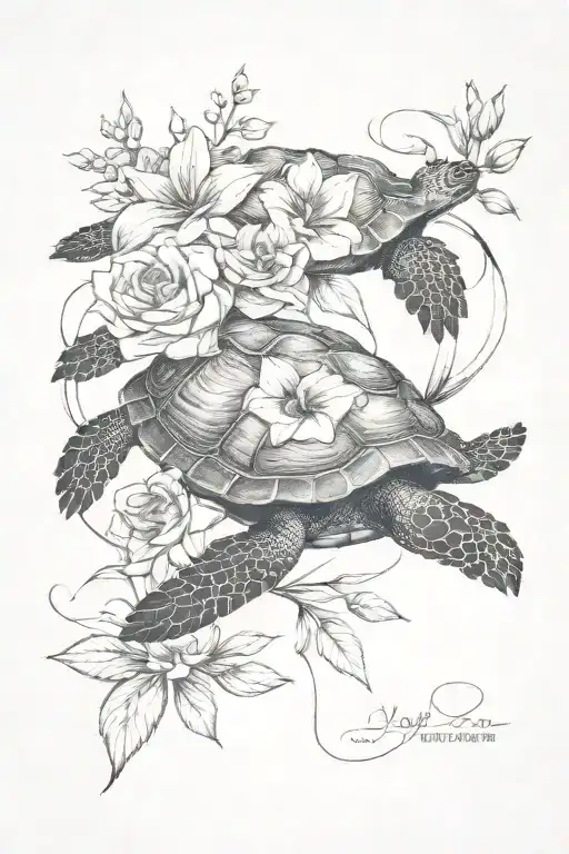 Turtle On Top Of Flowers Going Down The Leg Sleeve