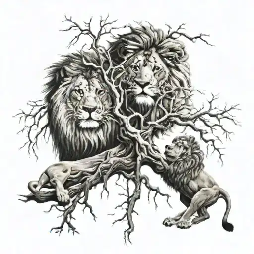 Two Trees Showing Roots And Branches Connected With A Male And Female Lion Laying Below Them