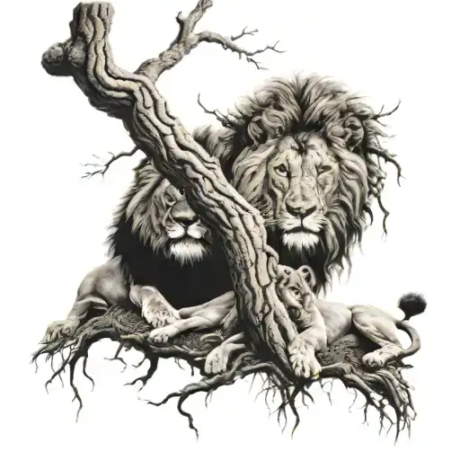 2 Trees Showing Roots And Branches Connected With 1 Male And 1 Female Lion Laying Below Them