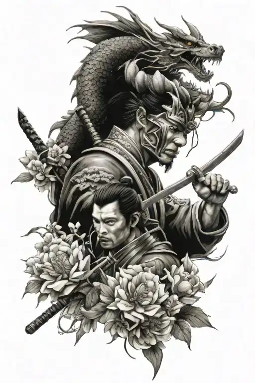 Samurai And Dragon With Flowers