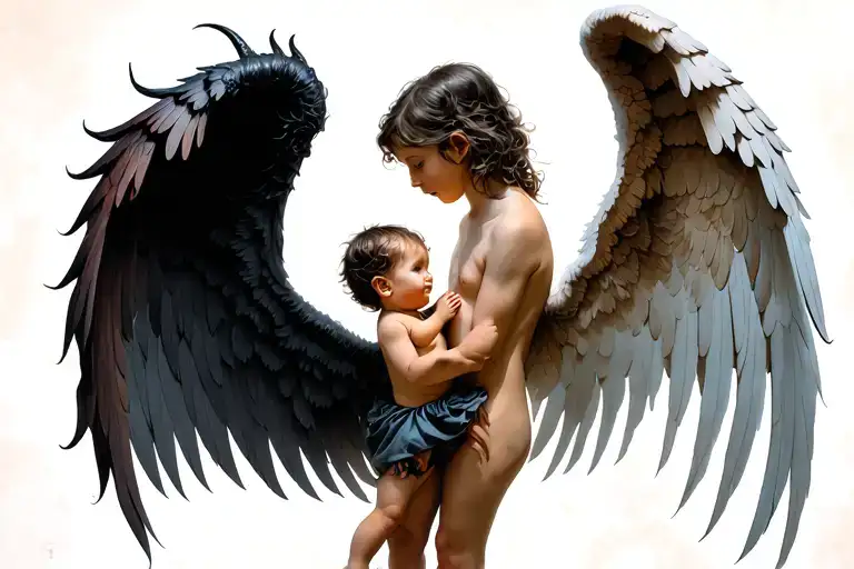 Left Devil Wing And Right Angel Wing Spread Without Body With A Little Child In Middle