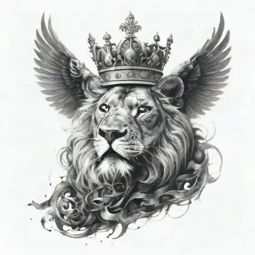 A Black Lion With A Silver Crown And A Crow Made Of Black Smoke Flying Above Him